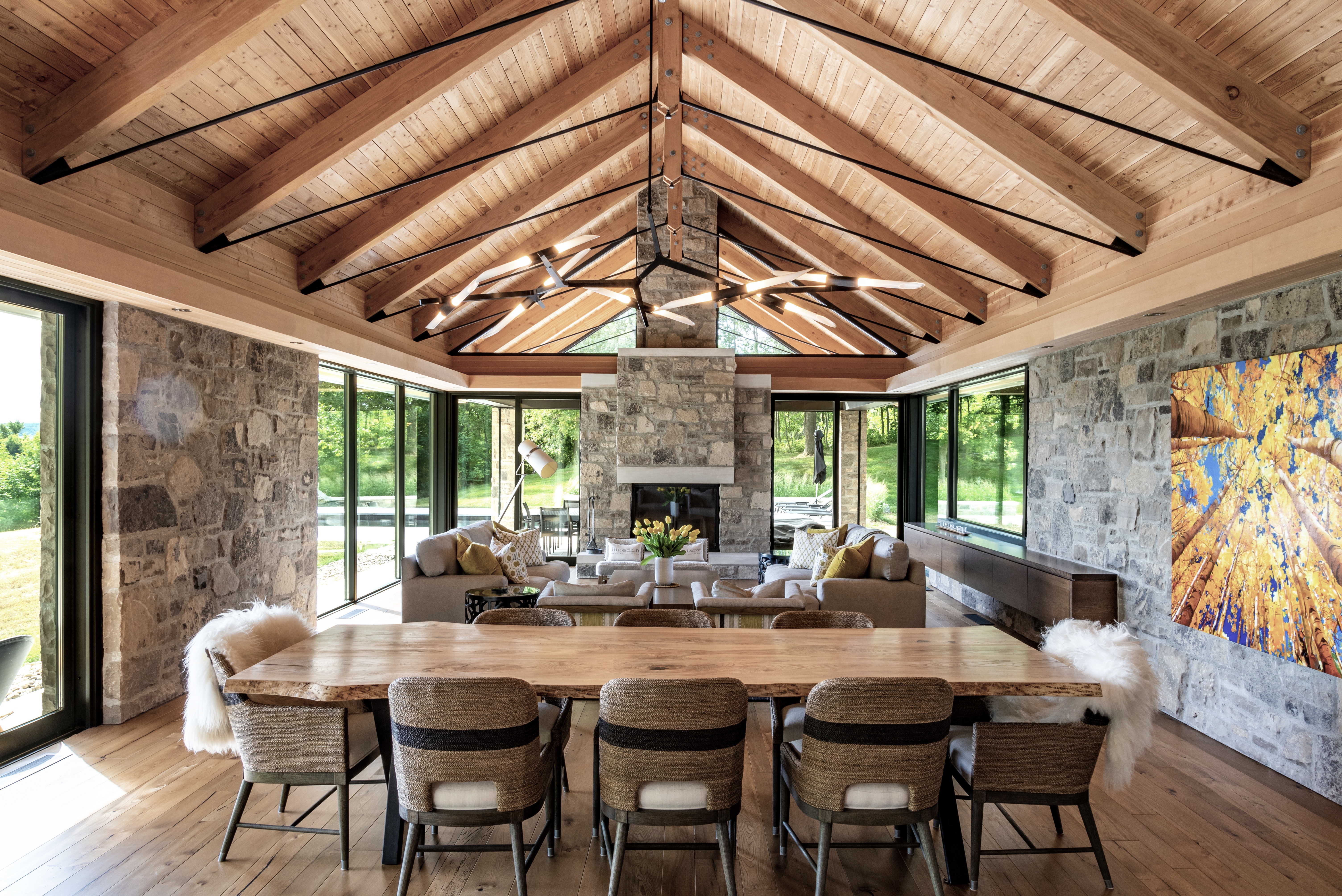 Interior of building with stone and wood finishings